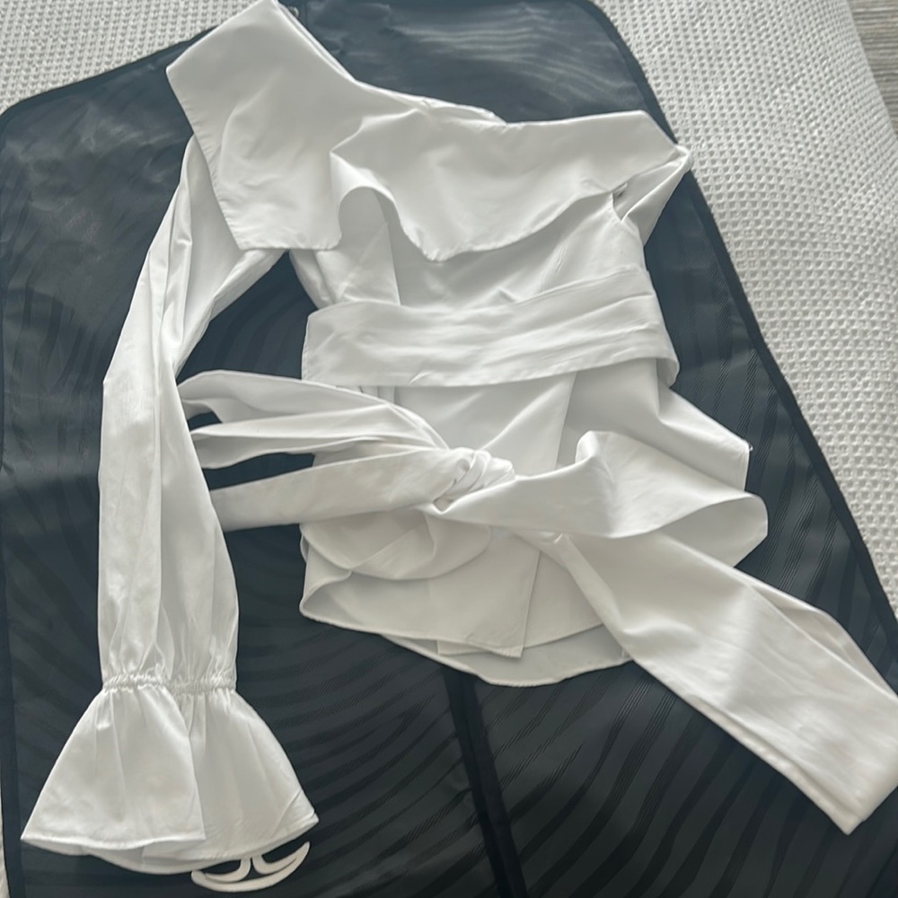 Jonathan Simkhai White asymmetric tie blouse